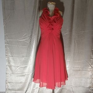 Vintage 80s 90s Red Layered Ruffle Empire Waist Ruched Halter Dress. Size 8.